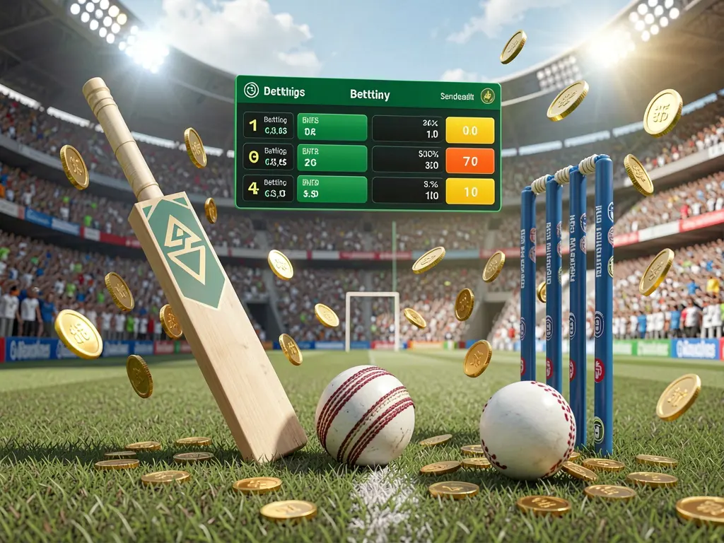 Realistic 3D illustration of a sports betting page featuring a cricket bat, cricket ball, and wickets on stadium grass with floating betting odds interface and golden coins flying, showcasing RM 77 brand in Malaysia