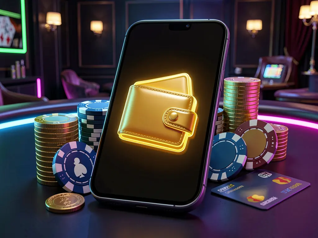 RM 77 online casino deposit bonus concept with a smartphone screen displaying a glowing wallet icon surrounded by stacks of golden coins, poker chips, and bank cards on a dark luxury background with neon highlights