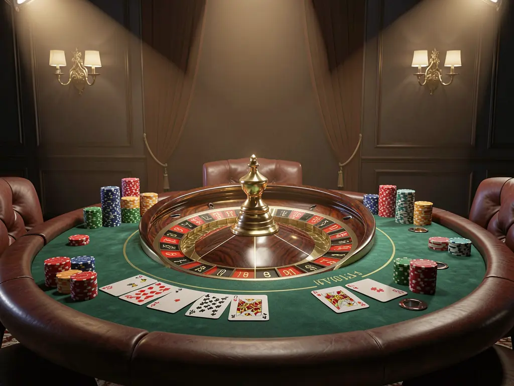 RM 77 live casino scene featuring a roulette table, playing cards, and chips under glowing spotlights with a dark elegant background in a cinematic 3D style