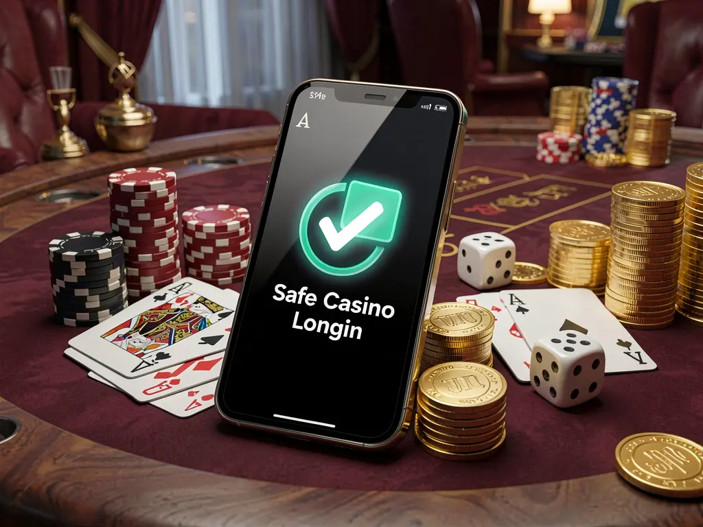 RM 77 safe casino login concept showing a smartphone with a verification checkmark icon surrounded by chips, cards, dice, and golden coins on an elegant luxury casino table in a 3D realistic render