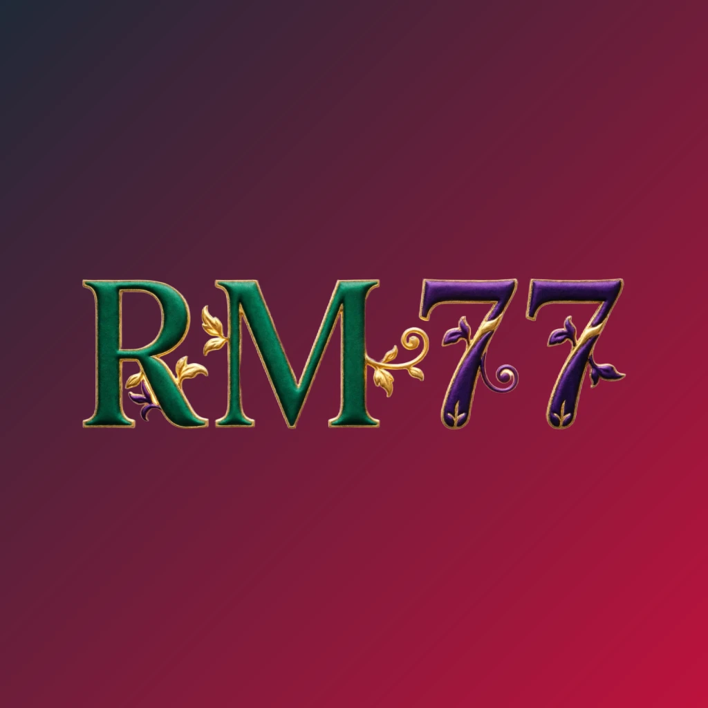 Luxury colorful RM 77 logo featuring bold serif typography in rich emerald, violet, and gold with elegant glowing ornaments, designed as a premium brand identity on a transparent background for a website header